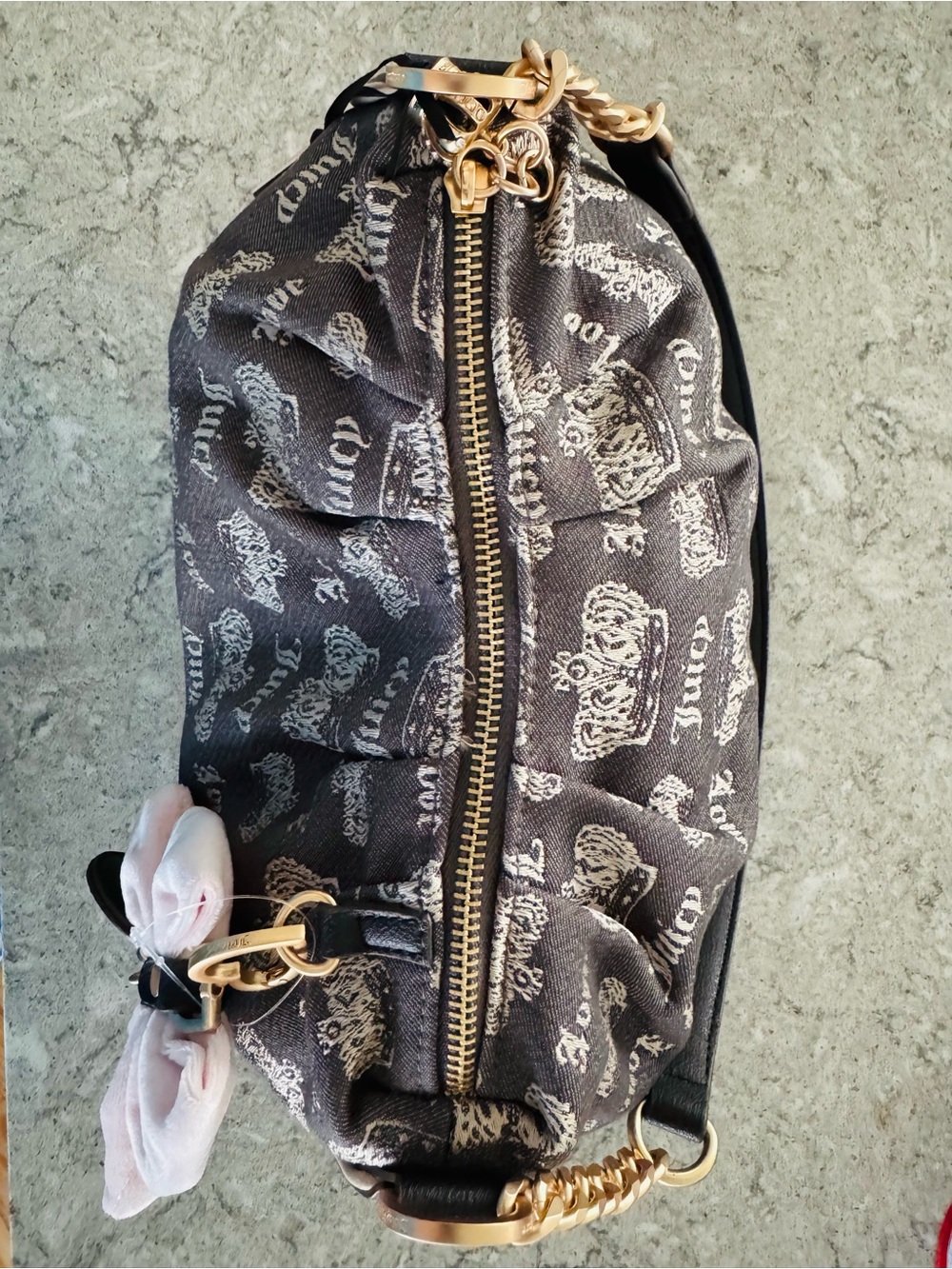 NWT Juicy Couture Black Logo Shoulder Bag with Pink Bow Charm - Picture 12 of 13